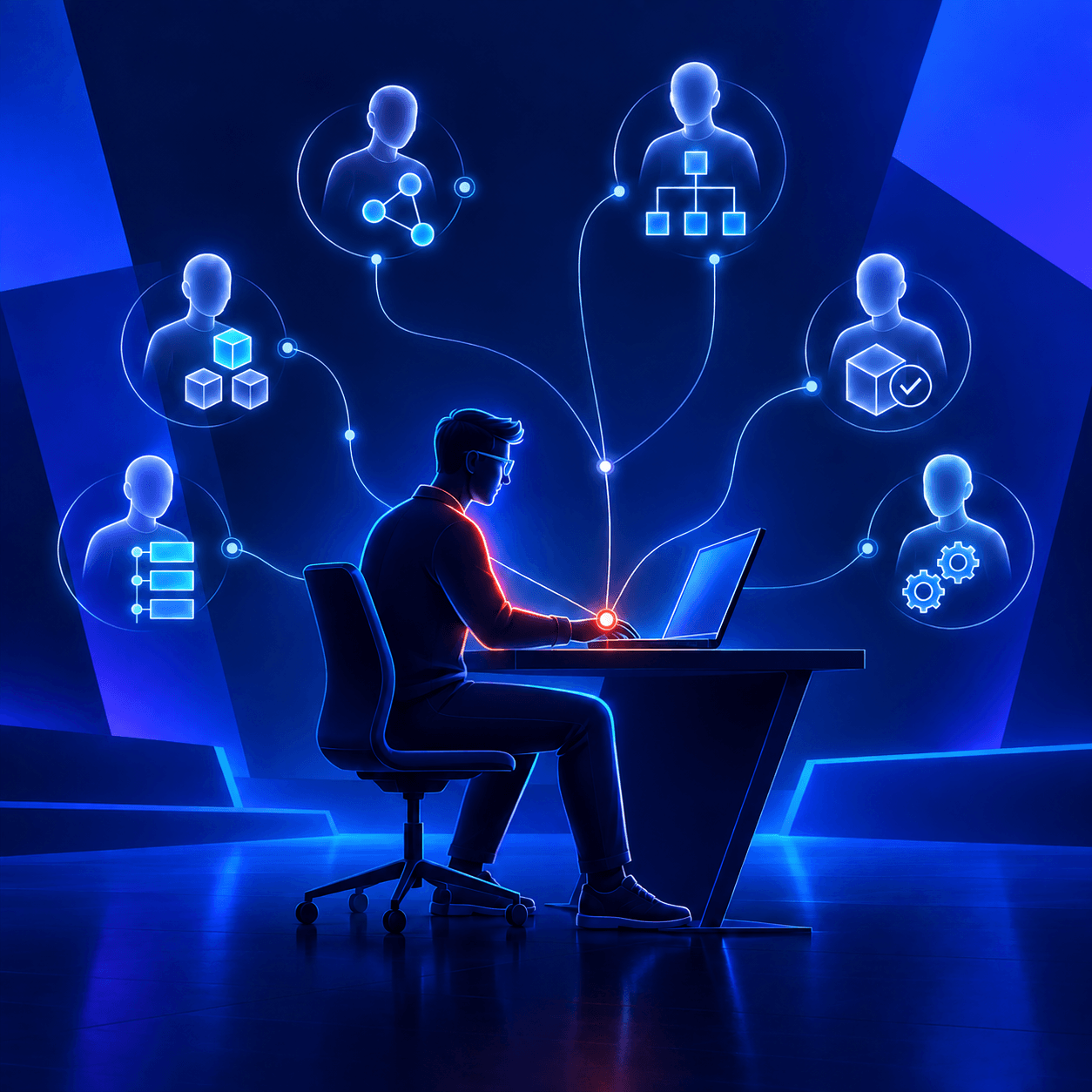 A man with glasses works at a laptop while glowing figures around him, each linked to his desk, handle their own tasks.