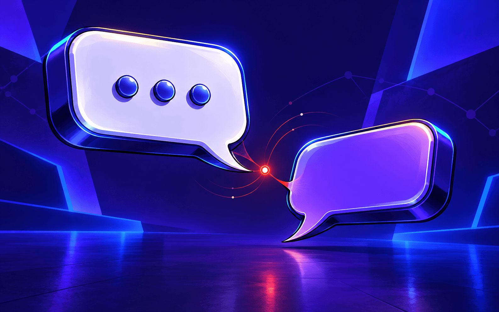Two speech bubbles face each other, one showing three typing dots and the other waiting empty, linked by a single glowing red point.