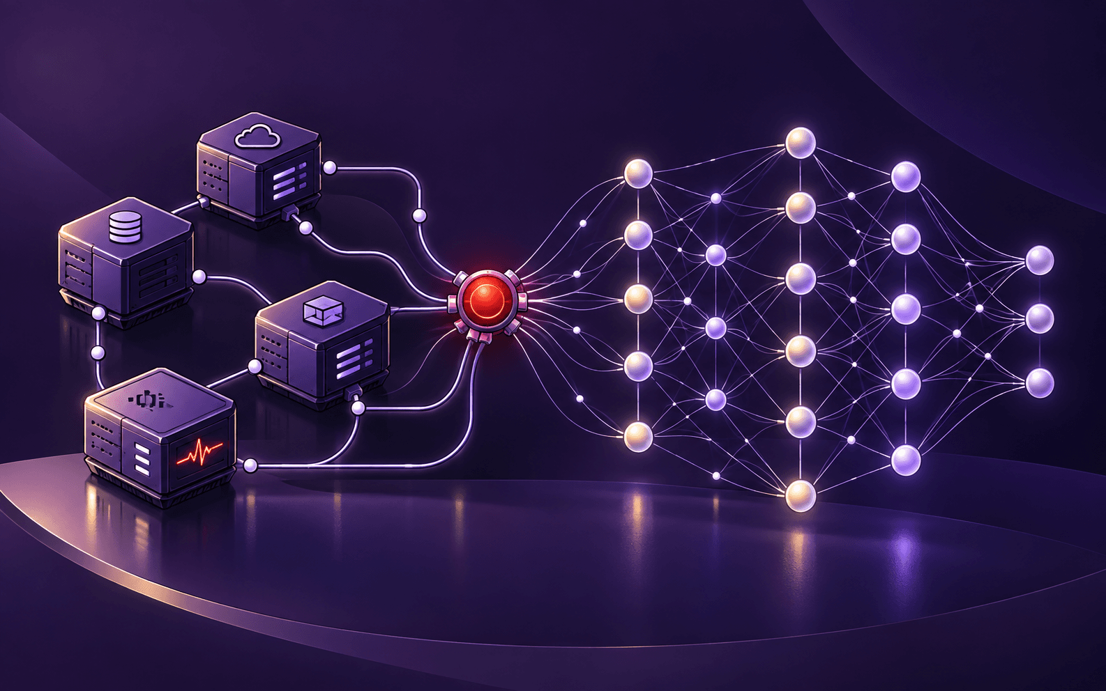 Illustration of service modules linked into a layered network of nodes, in deep violet with a single red node at the centre.