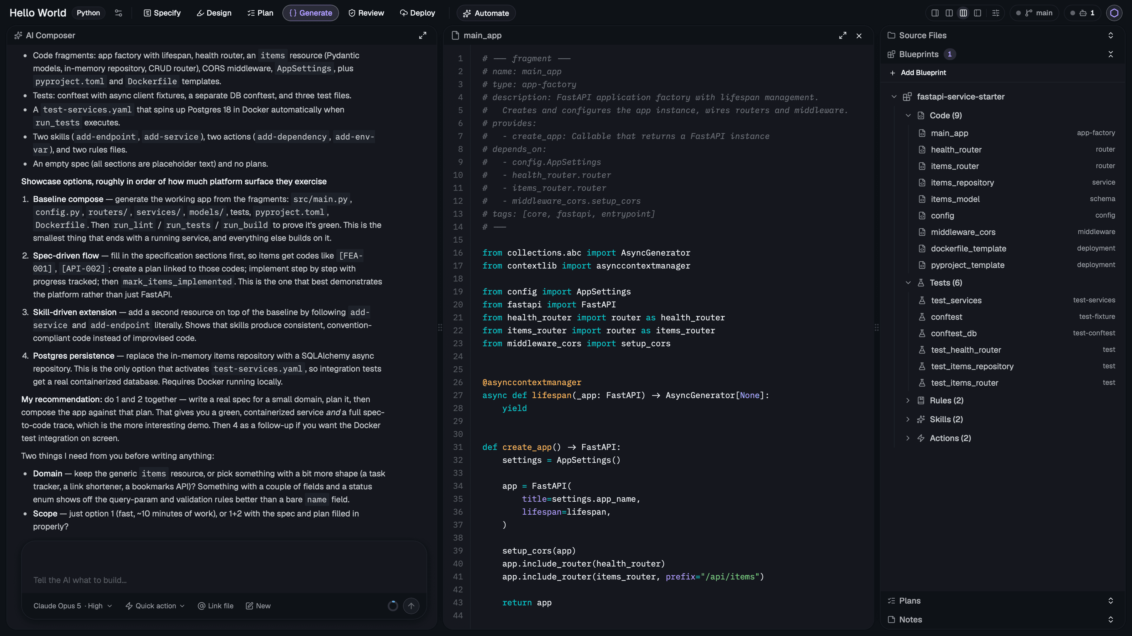 Screenshot of the HEXAGONIDE composition studio in its dark theme: the AI composer on the left, generated source code in the middle and the project's blueprints on the right.