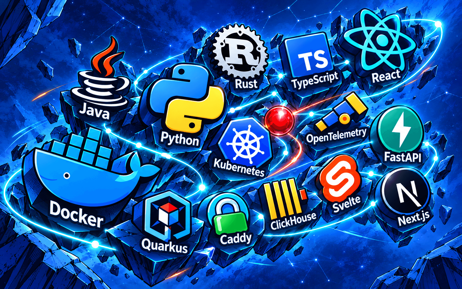 Comic collage of technology logos - Java, Python, Rust, TypeScript, React, Docker, Kubernetes, OpenTelemetry, FastAPI, Quarkus, Caddy, ClickHouse, Svelte and Next.js - linked by light trails across a blue field.